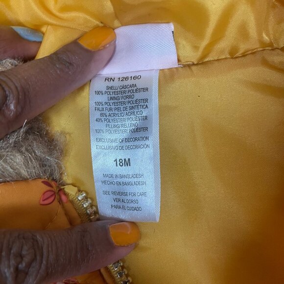 Little Lass Mustard Yellow Floral Quilted Puffer Vest with Faux Fur Hood - 18M - Picture 8 of 9